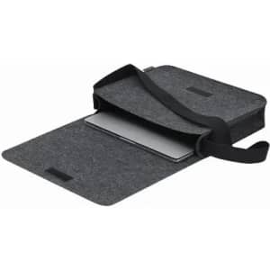 A laptop bag in grey felt with a black strap, featuring an open compartment for a laptop.