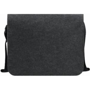 A messenger bag in dark grey felt with an adjustable strap and flap closure. Features a simple design with no visible branding.