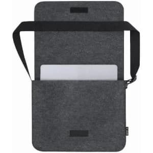 A grey felt laptop sleeve with a shoulder strap and zip pocket, featuring a simple design and a logo.