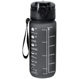 A drink bottle in black with measurement markings, featuring a secure lid and a carrying strap. It has a logo on it.