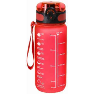 A drink bottle in red with a black lid, featuring measurement markings and a carrying strap. It has a logo on the side.