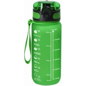A drink bottle in vibrant green, featuring a black lid and measurement markings on the side, along with a carrying strap.
