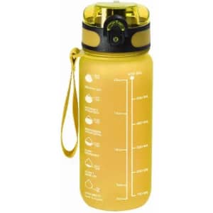 A drink bottle in vibrant yellow with measurement markings and a black lid featuring a logo.