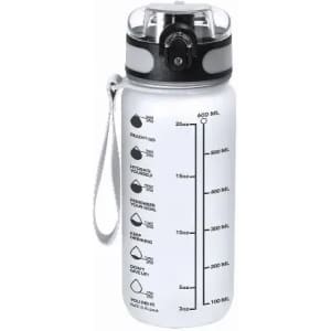 A drink bottle in transparent plastic with a black lid and a measurement scale on the side. It features a logo.
