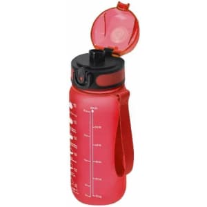 A drink bottle in red with a black lid, featuring a measurement scale and a carrying strap.