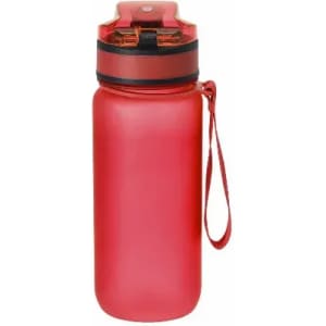 A drink bottle in bright red with a black and orange lid, featuring a carrying strap. It has a logo on the side.