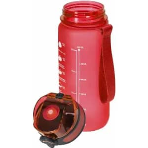 A drink bottle in bright red with a removable lid, featuring a measurement scale and a carrying strap.