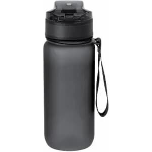 A drink bottle in matte black with a secure cap and a carry strap. Features a branding logo.