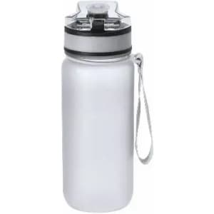 A drink bottle in clear plastic with a black lid and a white strap. Features a logo on the lid.