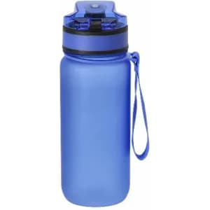 A drink bottle in blue with a black lid and a wrist strap. It features a simple design and a logo.