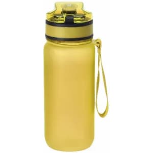 A drink bottle in bright yellow with a black lid and a wrist strap, featuring a logo on the body.