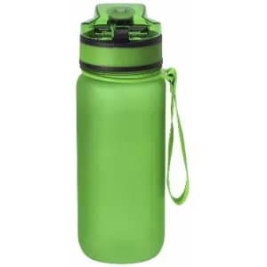 A drink bottle in bright green with a flip-top lid and a carry strap. The bottle has a branded logo.