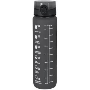 A drink bottle in matte black with a grey lid, featuring measurement markings and a logo.