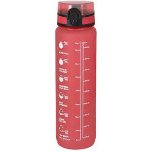 A drink bottle in bright red with a black lid, featuring measurement markings and a logo.