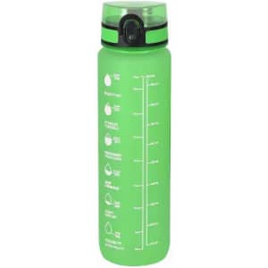 A drink bottle in bright green with a flip-top lid and measurement markings on the side, features a logo.