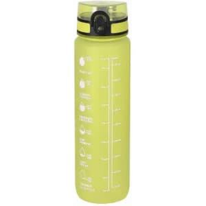 A drink bottle in bright yellow with a black lid and a measurement scale on the side. It features a logo.