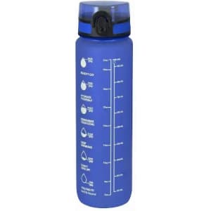 A drink bottle in blue with a measurement scale, featuring a flip-top lid and a logo.
