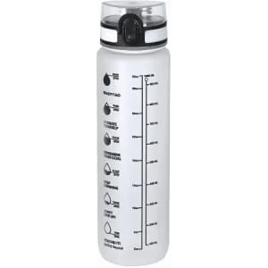 A drink bottle in translucent white with a black lid and measurement markings along the side.
