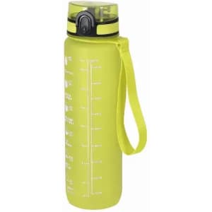 A drink bottle in bright yellow with a carrying strap and a hinged lid, featuring measurement markings on the side.