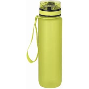 A drink bottle in bright yellow with a cap featuring a clip and a strap. It has a sleek, cylindrical design.