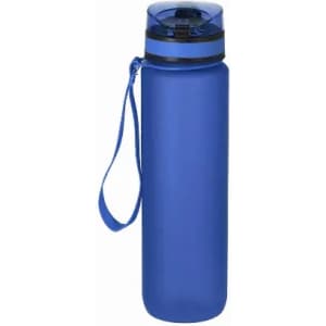 A blue drink bottle with a flip-top lid and a carrying strap. It features a logo on its surface.