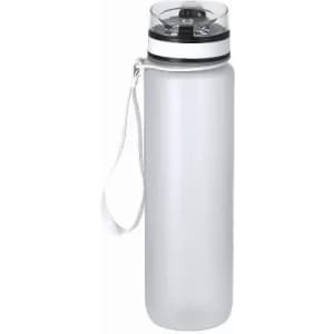 A drink bottle in clear plastic with a black and white lid, featuring a carry strap.