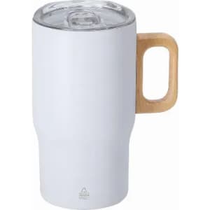 A drink bottle in white with a transparent lid and a wooden handle, featuring a sleek, modern design.