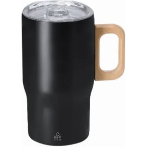 A drink bottle in black with a wooden handle and a clear lid, featuring a logo on the side.
