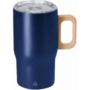 A drink bottle in navy blue with a clear lid and a wooden handle. It features a branding logo.