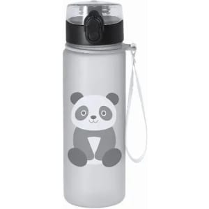 A drink bottle in grey with a panda graphic, featuring a black lid and a strap for easy carrying.