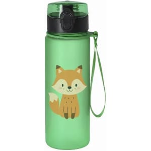 A drink bottle in green with a black lid features a cartoon fox illustration and a carry strap.