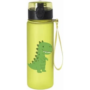 A drink bottle in bright yellow with a green dinosaur illustration and a black lid, featuring a carrying strap.