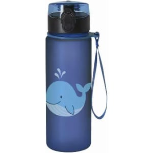 A drink bottle in navy blue with a whale design and a black lid, featuring a carrying strap.