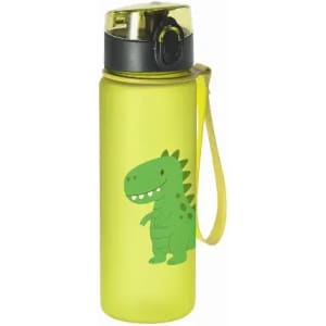 A drink bottle in bright yellow featuring a green dinosaur character and a black lid with a carrying strap.
