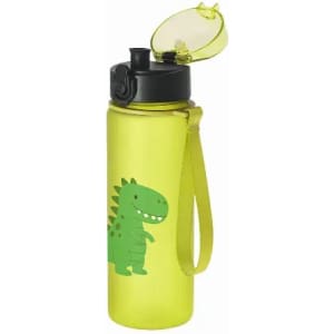 A drink bottle in neon yellow, featuring a green dinosaur illustration and a black flip-top lid with a carrying strap.