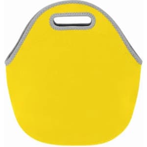 A yellow drink bottle holder with a grey trim and a handle for easy carrying.