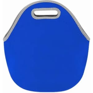 A blue drink bottle holder with a grey trim and a handle on top. It features a logo on the side.