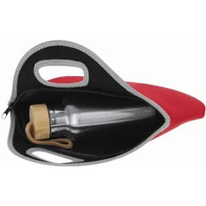 A drink bottle in a red and grey insulated sleeve, featuring a wooden cap and handles for easy carrying.