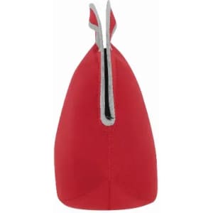A red drink bottle with a grey trim, featuring a sleek, pointed design and a logo on the surface.