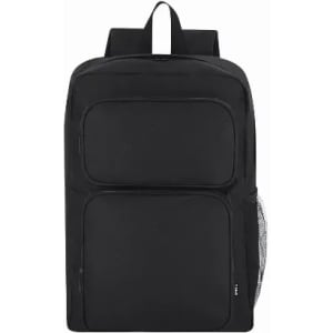 A black backpack featuring two front pockets and a side mesh pocket, with adjustable shoulder straps.