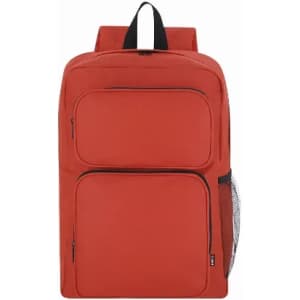 A red backpack featuring multiple front pockets and a side mesh pocket. It has adjustable shoulder straps and a logo.