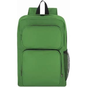A green backpack featuring multiple compartments and a side mesh pocket. It has a simple design and a branded logo.