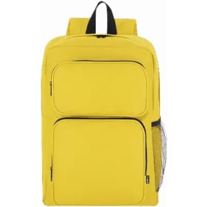 A yellow backpack with two front pockets and a side mesh pocket, featuring adjustable straps.