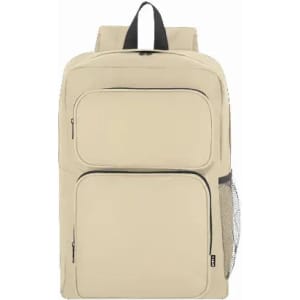 A beige backpack featuring two front pockets and a side mesh pocket. It has adjustable straps and a simple design.