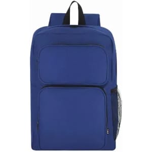 A blue backpack featuring two front pockets and a side mesh pocket. It has adjustable shoulder straps and a sleek design.