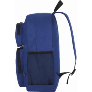 A blue backpack with two side pockets and adjustable straps, featuring a mesh pocket on one side.
