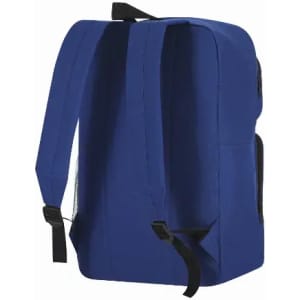 A backpack in navy blue with two shoulder straps and a side mesh pocket.