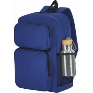 A blue backpack featuring two front pockets and a drink bottle holder on the side. It includes a logo.