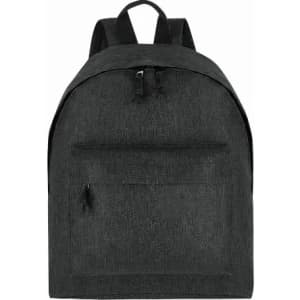 A black backpack with adjustable straps and a front pocket, featuring a simple design and a logo.