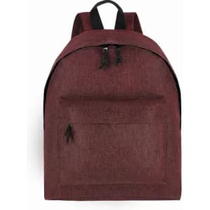 A backpack in a deep burgundy colour with a front zip pocket and black straps. It features a logo on the front.